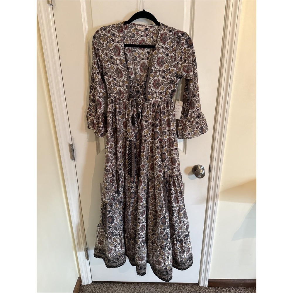Anthropologie Boemo Floral Multicolor Long Sleeve Tiered Maxi Dress Sz Small NWT
